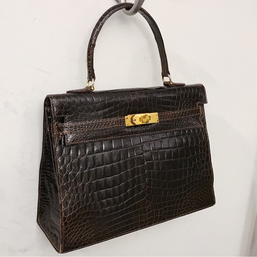 Vintage Brown Kelly Bag in Crocodile Alligator Skin Gold Hardware Handmade